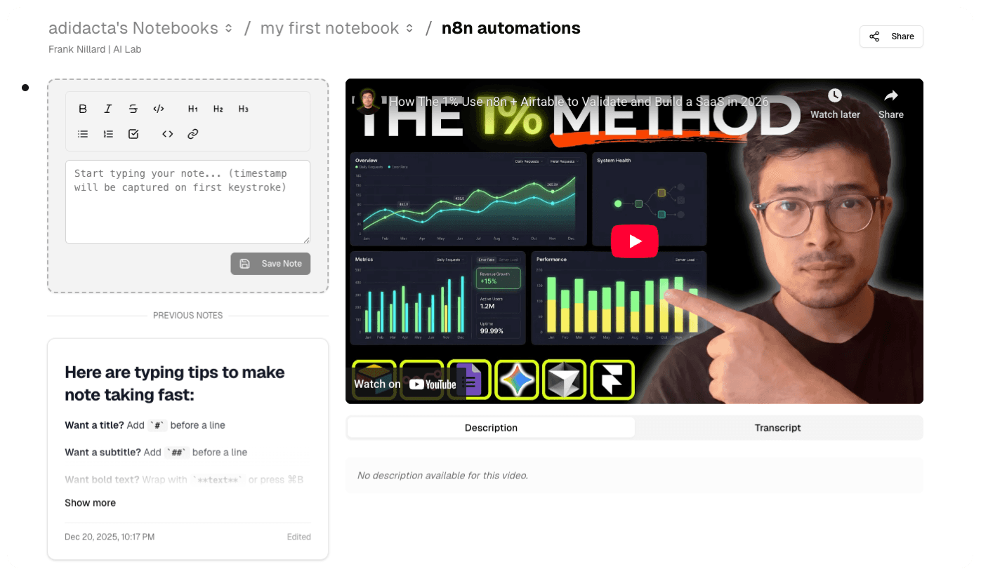YouNote interface showing video player and notes side-by-side